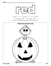 Free Halloween costume color red coloring page and color worksheet, red worksheet for preschoolers to learn colors, printable PDF