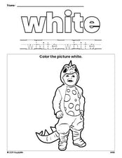 Free Halloween costume color white coloring page and color worksheet, white worksheet for preschoolers to learn colors, printable PDF