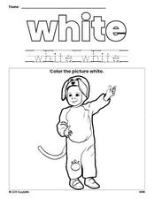 Free Halloween costume color white coloring page and color worksheet, white worksheet for preschoolers to learn colors, printable PDF