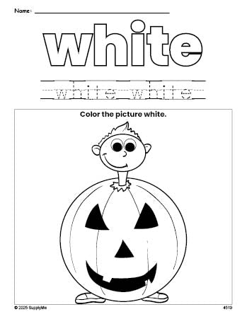 Free Halloween costume color white coloring page and color worksheet, white worksheet for preschoolers to learn colors, printable PDF