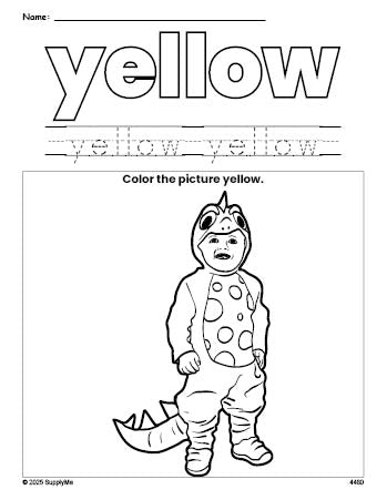 Free Halloween costume color yellow coloring page and color worksheet, yellow worksheet for preschoolers to learn colors, printable PDF