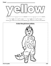 Free Halloween costume color yellow coloring page and color worksheet, yellow worksheet for preschoolers to learn colors, printable PDF