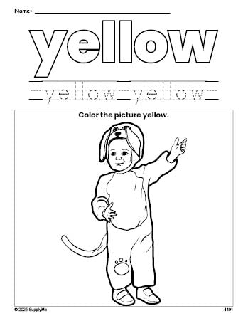 Free Halloween costume color yellow coloring page and color worksheet, yellow worksheet for preschoolers to learn colors, printable PDF