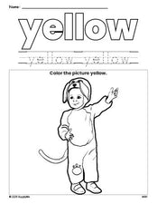 Free Halloween costume color yellow coloring page and color worksheet, yellow worksheet for preschoolers to learn colors, printable PDF