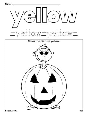 Free Halloween costume color yellow coloring page and color worksheet, yellow worksheet for preschoolers to learn colors, printable PDF