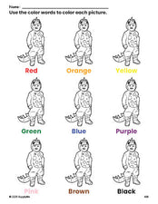 Free Halloween costume coloring page and color worksheet for preschoolers to learn colors, printable PDF