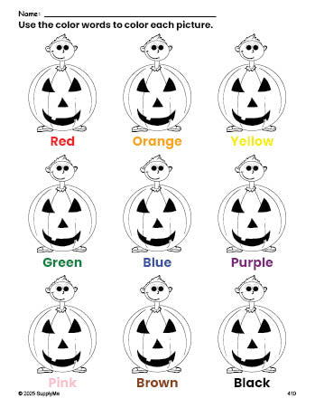 Free Halloween costume coloring page and color worksheet for preschoolers to learn colors, printable PDF