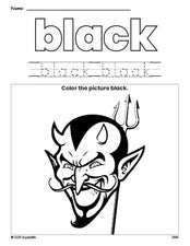 Free Halloween devil color black coloring page and color worksheet, black worksheet for preschoolers to learn colors, printable PDF