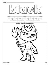 Free Halloween devil color black coloring page and color worksheet, black worksheet for preschoolers to learn colors, printable PDF