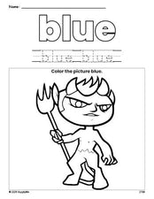 Free Halloween devil color blue coloring page and color worksheet, blue worksheet for preschoolers to learn colors, printable PDF