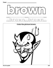 Free Halloween devil color brown coloring page and color worksheet, brown worksheet for preschoolers to learn colors, printable PDF