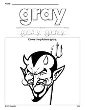 Free Halloween devil color gray coloring page and color worksheet, gray worksheet for preschoolers to learn colors, printable PDF