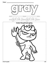 Free Halloween devil color gray coloring page and color worksheet, gray worksheet for preschoolers to learn colors, printable PDF