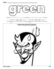 Free Halloween devil color green coloring page and color worksheet, green worksheet for preschoolers to learn colors, printable PDF