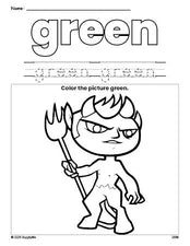 Free Halloween devil color green coloring page and color worksheet, green worksheet for preschoolers to learn colors, printable PDF