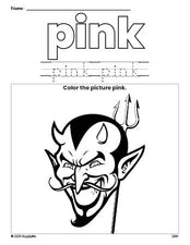 Free Halloween devil color pink coloring page and color worksheet, pink worksheet for preschoolers to learn colors, printable PDF