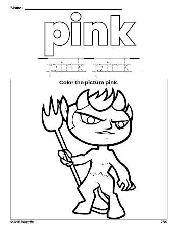 Free Halloween devil color pink coloring page and color worksheet, pink worksheet for preschoolers to learn colors, printable PDF