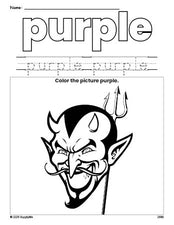 Free Halloween devil color purple coloring page and color worksheet, purple worksheet for preschoolers to learn colors, printable PDF