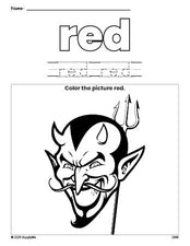 Free Halloween devil color red coloring page and color worksheet, red worksheet for preschoolers to learn colors, printable PDF