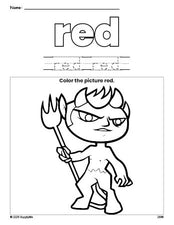 Free Halloween devil color red coloring page and color worksheet, red worksheet for preschoolers to learn colors, printable PDF