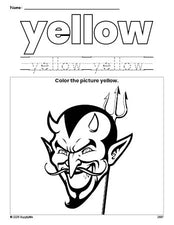 Free Halloween devil color yellow coloring page and color worksheet, yellow worksheet for preschoolers to learn colors, printable PDF