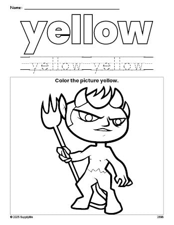 Free Halloween devil color yellow coloring page and color worksheet, yellow worksheet for preschoolers to learn colors, printable PDF