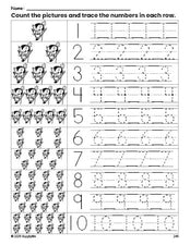 Free printable Halloween devil counting worksheet for preschool and pre-k with number tracing practice 1-10, PDF