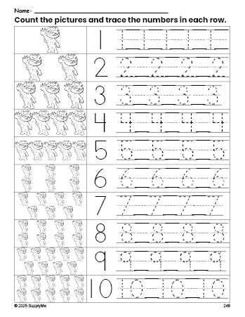 Free printable Halloween devil counting worksheet for preschool and pre-k with number tracing practice 1-10, PDF