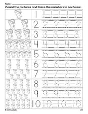 Free printable Halloween devil counting worksheet for preschool and pre-k with number tracing practice 1-10, PDF