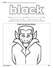 Free Halloween Dracula color black coloring page and color worksheet, black worksheet for preschoolers to learn colors, printable PDF