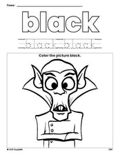 Free Halloween Dracula color black coloring page and color worksheet, black worksheet for preschoolers to learn colors, printable PDF