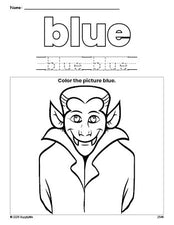 Free Halloween Dracula color blue coloring page and color worksheet, blue worksheet for preschoolers to learn colors, printable PDF