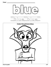 Free Halloween Dracula color blue coloring page and color worksheet, blue worksheet for preschoolers to learn colors, printable PDF