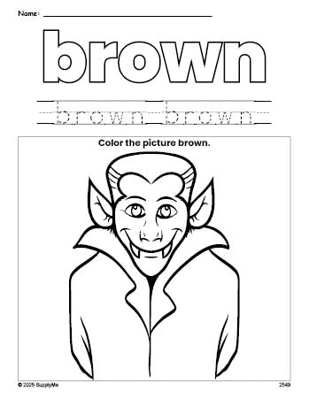 Free Halloween Dracula color brown coloring page and color worksheet, brown worksheet for preschoolers to learn colors, printable PDF