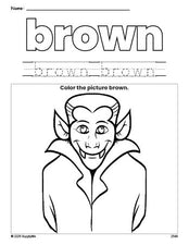 Free Halloween Dracula color brown coloring page and color worksheet, brown worksheet for preschoolers to learn colors, printable PDF