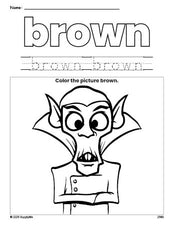 Free Halloween Dracula color brown coloring page and color worksheet, brown worksheet for preschoolers to learn colors, printable PDF