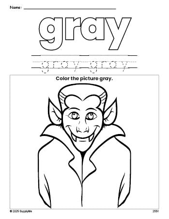 Free Halloween Dracula color gray coloring page and color worksheet, gray worksheet for preschoolers to learn colors, printable PDF