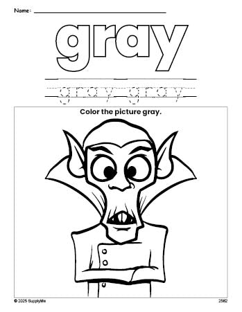 Free Halloween Dracula color gray coloring page and color worksheet, gray worksheet for preschoolers to learn colors, printable PDF