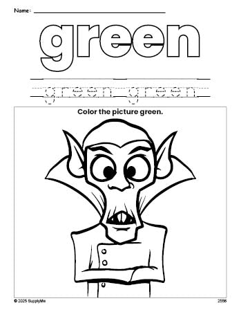 Free Halloween Dracula color green coloring page and color worksheet, green worksheet for preschoolers to learn colors, printable PDF