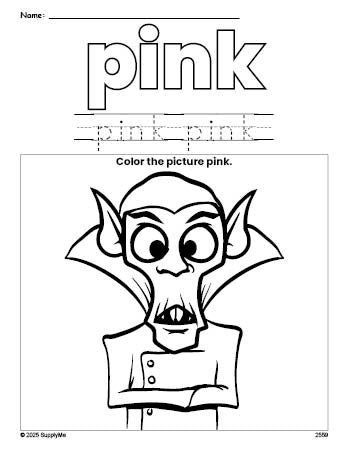 Free Halloween Dracula color pink coloring page and color worksheet, pink worksheet for preschoolers to learn colors, printable PDF