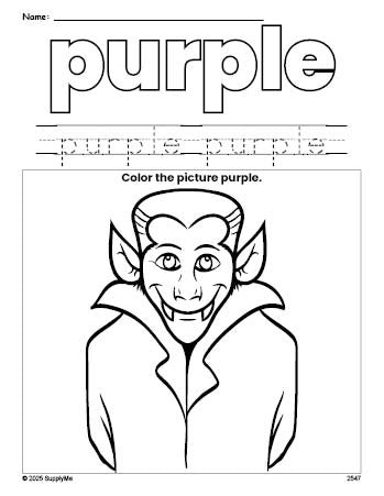 Free Halloween Dracula color purple coloring page and color worksheet, purple worksheet for preschoolers to learn colors, printable PDF