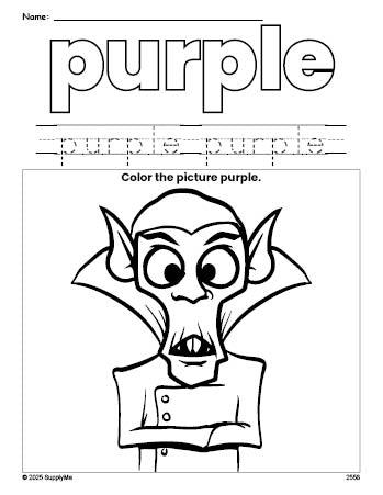 Free Halloween Dracula color purple coloring page and color worksheet, purple worksheet for preschoolers to learn colors, printable PDF