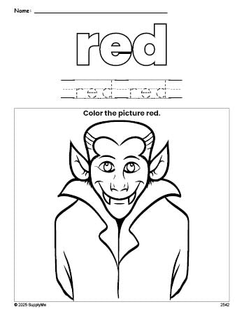 Free Halloween Dracula color red coloring page and color worksheet, red worksheet for preschoolers to learn colors, printable PDF