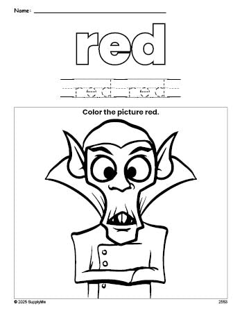 Free Halloween Dracula color red coloring page and color worksheet, red worksheet for preschoolers to learn colors, printable PDF