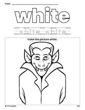 Free Halloween Dracula color white coloring page and color worksheet, white worksheet for preschoolers to learn colors, printable PDF