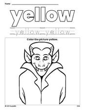 Free Halloween Dracula color yellow coloring page and color worksheet, yellow worksheet for preschoolers to learn colors, printable PDF