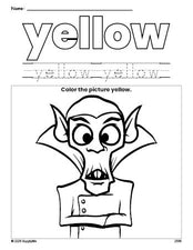 Free Halloween Dracula color yellow coloring page and color worksheet, yellow worksheet for preschoolers to learn colors, printable PDF