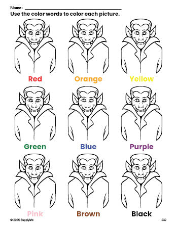 Free Halloween Dracula coloring page and color worksheet for preschoolers to learn colors, printable PDF