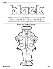 Free Halloween Frankenstein color black coloring page and color worksheet, black worksheet for preschoolers to learn colors, printable PDF