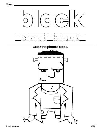 Free Halloween Frankenstein color black coloring page and color worksheet, black worksheet for preschoolers to learn colors, printable PDF